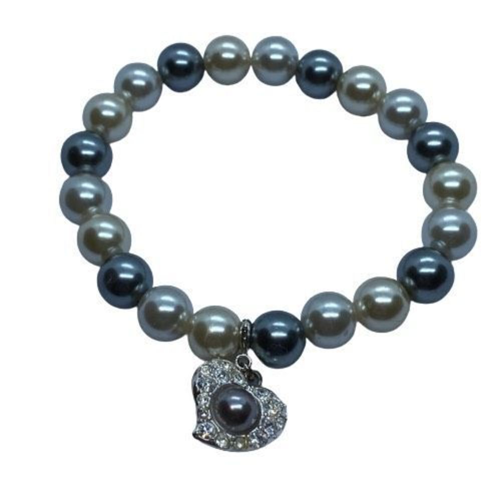 Fun Faux Pearl & Rhinestone Heart Dangle 7.25” Beaded Stretch Bracelet